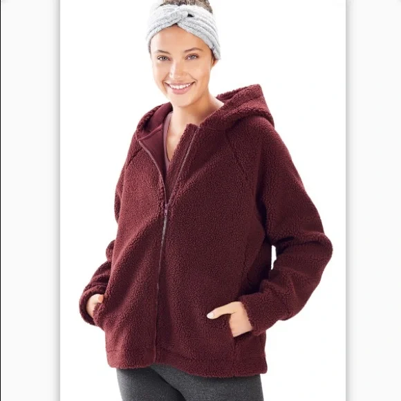 Fabletics, Jackets & Coats, Fabletics Brisa Burgundy Full Zip Hooded Teddy  Bear Jacket L